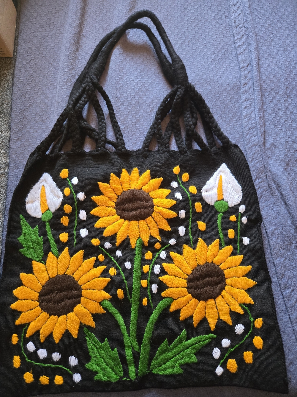 Black Sunflower Embroidered Tote Bag - Women